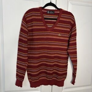 Vintage Monte Carlo Sweater Mens 42 Red Stripe Wool V-neck Grandpa Preppy